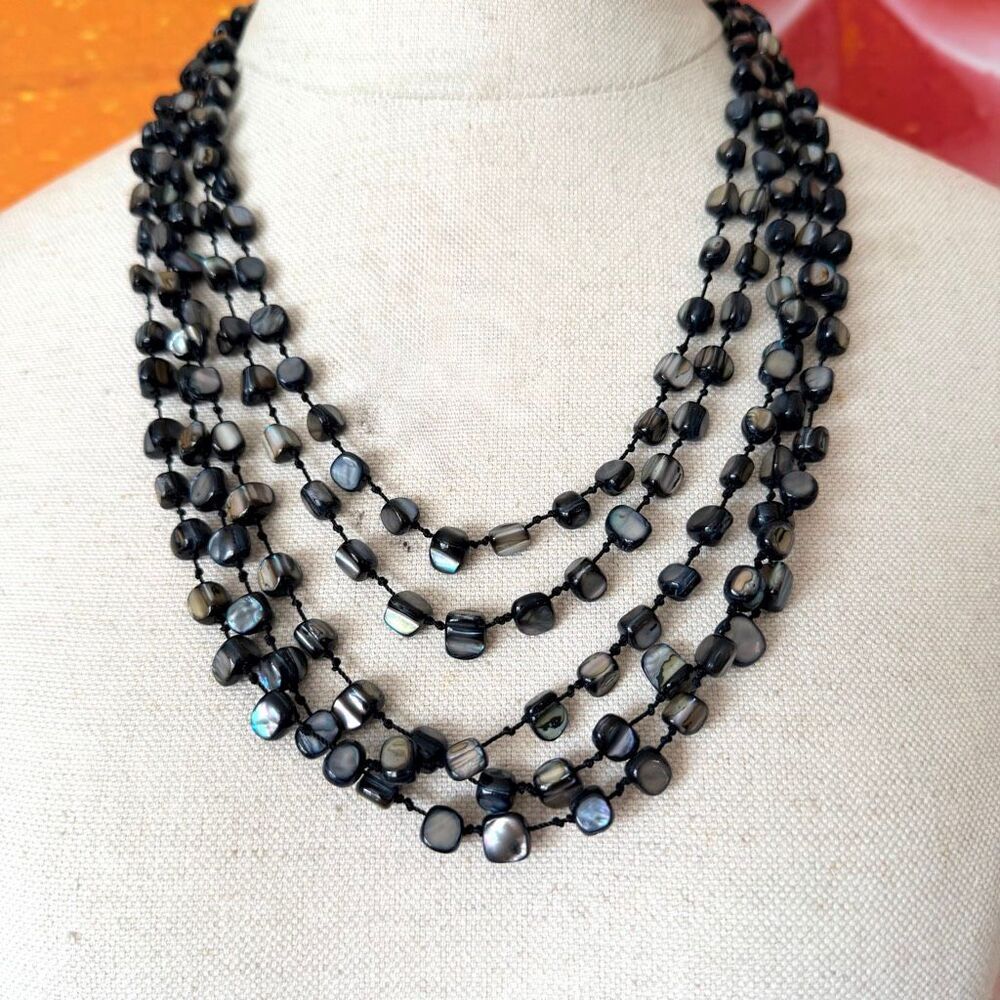 Black Mother of Pearl Shell Multi Strand Statement Necklace